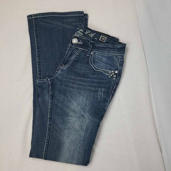Grace In La Womens Boot Cut Jeans Blue Stretch Embellished Stone Wash Denim 9 - Picture 5 of 12